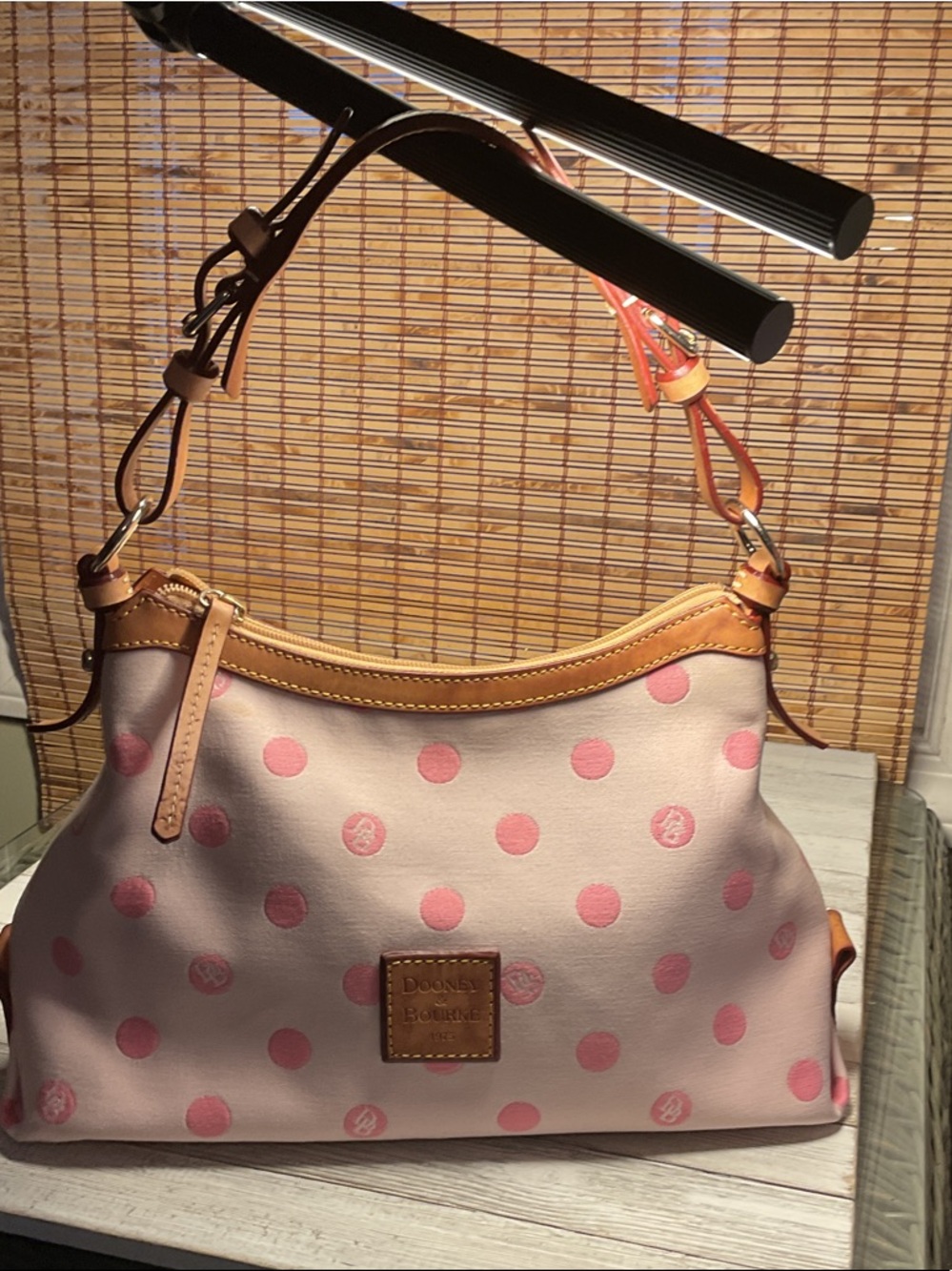 Dooney & Bourke Pink Polka Dot Shoulder Bag Brown Leather Trim Vintage Rare!